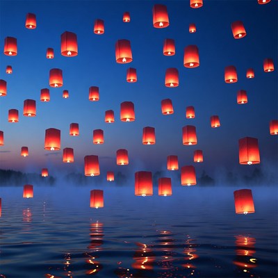 Lanterns floating above water at dusk