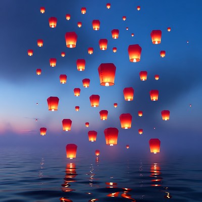 Lanterns floating over calm water
