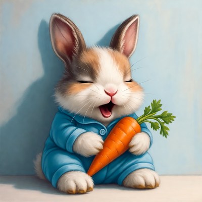 Bunny holding carrot in pajamas