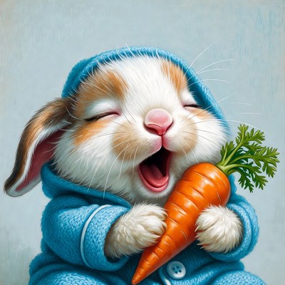 Happy rabbit holds a carrot