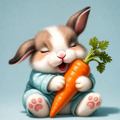 Rabbit holds carrot happily
