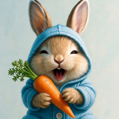 Rabbit wearing hoodie holds carrot