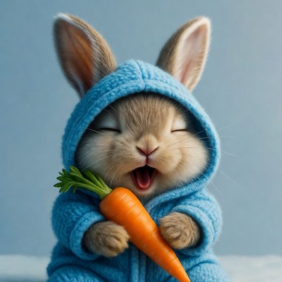 Cute bunny smiles with carrot