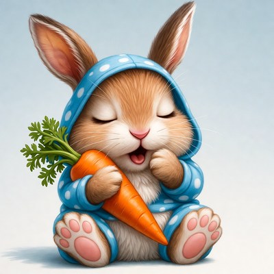 Rabbit in blue hoodie holding carrot