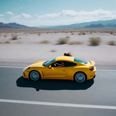 Yellow car driving through desert road
