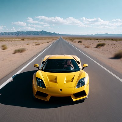 Driving on a desert road in a yellow car