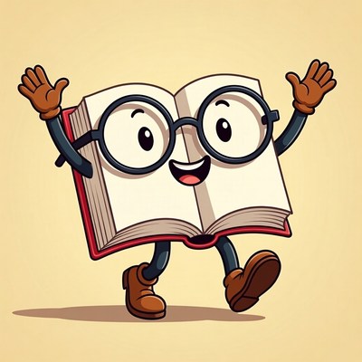 Happy book character with glasses