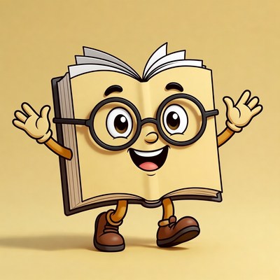 Happy book character walks joyfully