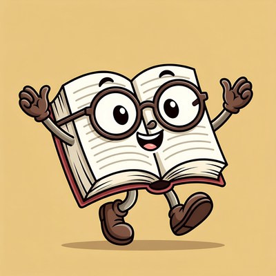 Friendly book character walking happily