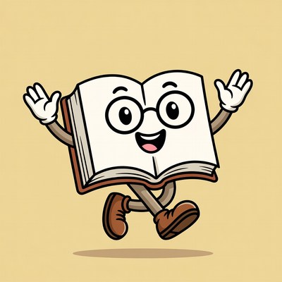 Happy book character in motion