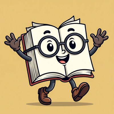 Happy book character dances joyfully
