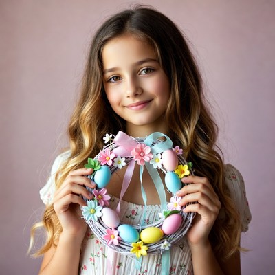 Girl holds easter egg wreath