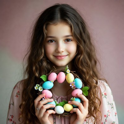 Girl holds colorful easter wreath