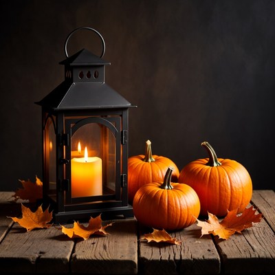 Pumpkins and lantern on table
