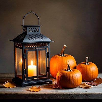 Lanterns and pumpkins on a table