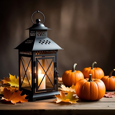 Lantern with pumpkins and leaves