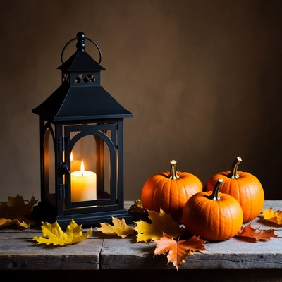 Lantern and pumpkins on table