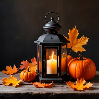 Lantern with pumpkins and leaves