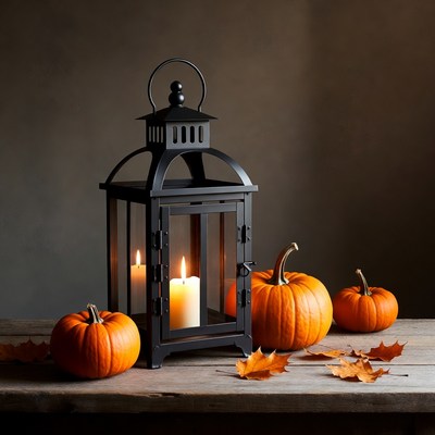 Lantern with pumpkins and leaves display