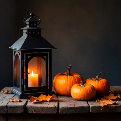 Lantern and pumpkins on wooden table