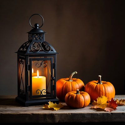 Lantern with pumpkins and candle in fall