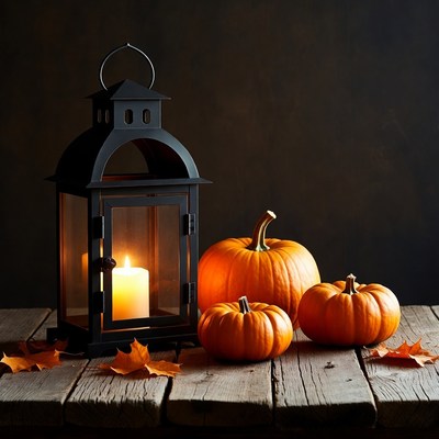 Lantern and pumpkins on wooden table