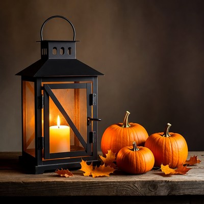 Lantern with pumpkins and leaves display