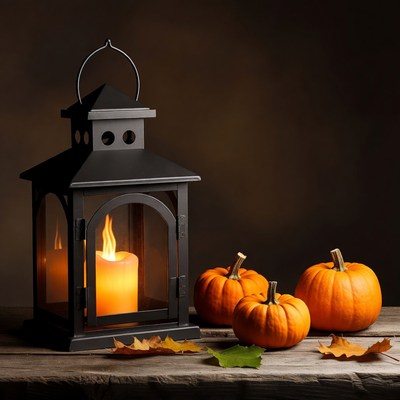 Warm lantern with pumpkins and leaves