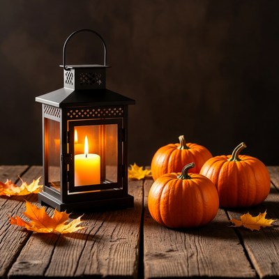 Lantern and pumpkins on wooden table