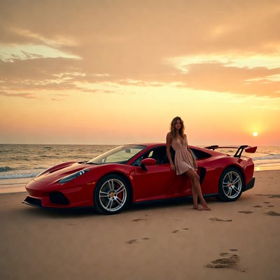 Woman with car on beach at sunset