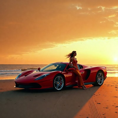 Red car at sunset on the beach