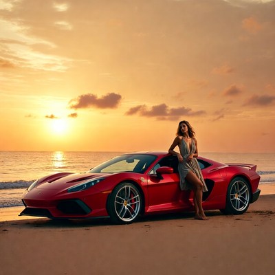 Sunset with car and model at beach