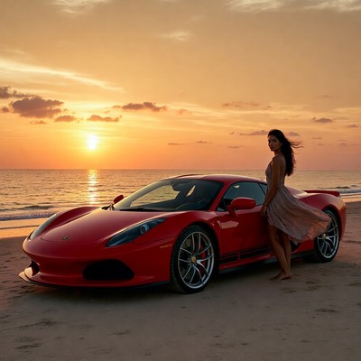 Red sports car on beach at sunset