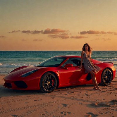 Woman by red car at beach
