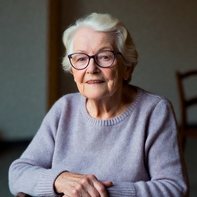 Elderly woman smiles in bright room