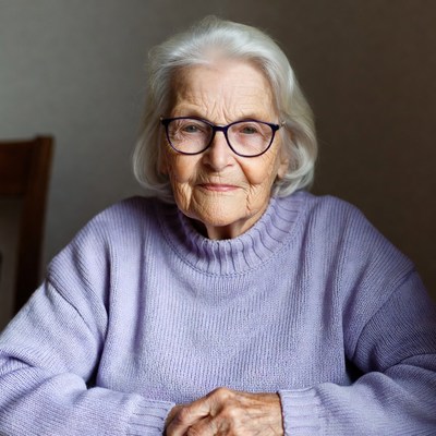 Elderly woman poses indoors with glasses