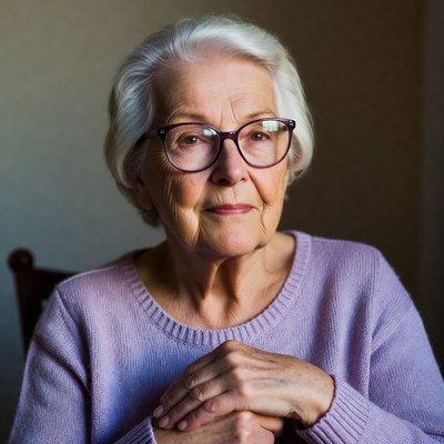 Elderly woman sitting indoors smiling softly