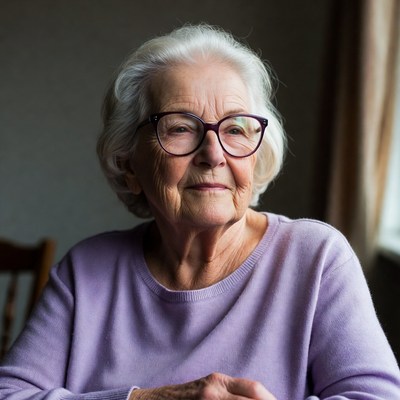 Elderly woman in purple sweater