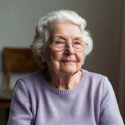 Elderly woman sitting indoors smiling