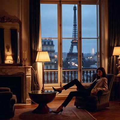 Woman relaxes near eiffel tower