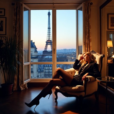 Woman sitting in room with eiffel tower view