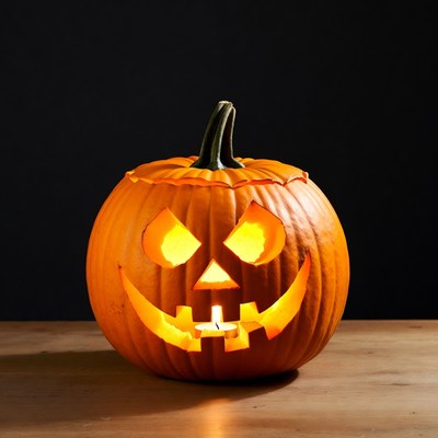 Jack-o-lantern on a table at night