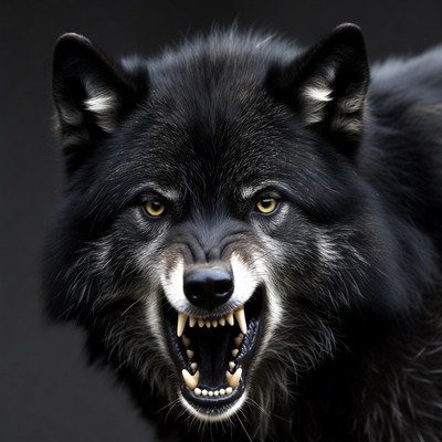 Black wolf growling with bared teeth