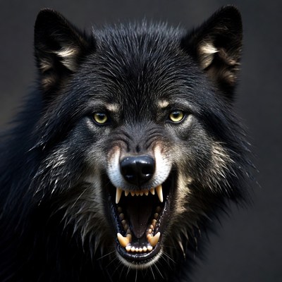 Black wolf showing teeth and growling