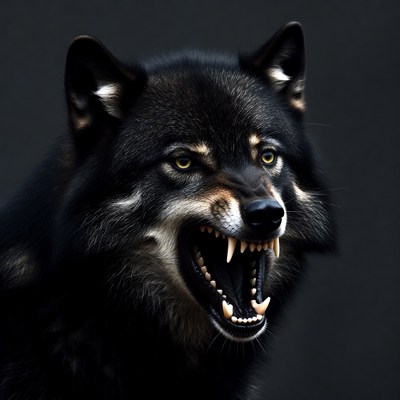 Wolf showing teeth in dark setting