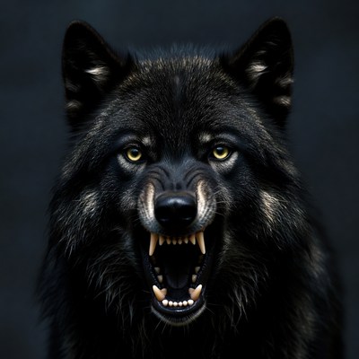 Black wolf showing teeth in dark background