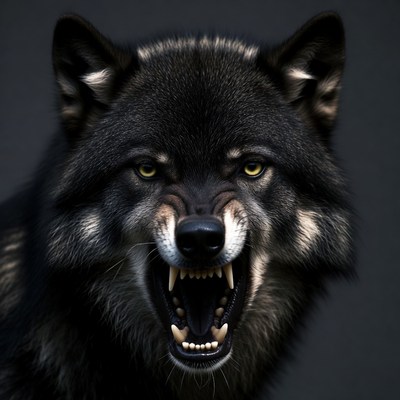 Wolf showing teeth in dark setting