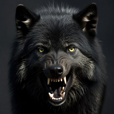 Black wolf showing teeth and growling