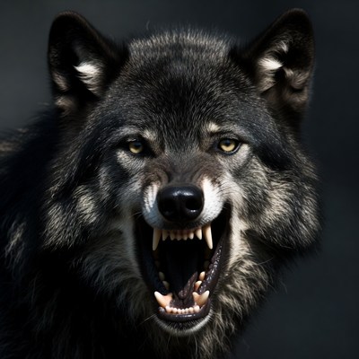 Wolf showing teeth in dark forest