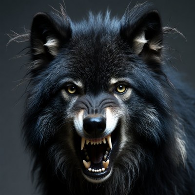 Fierce wolf showing teeth at night